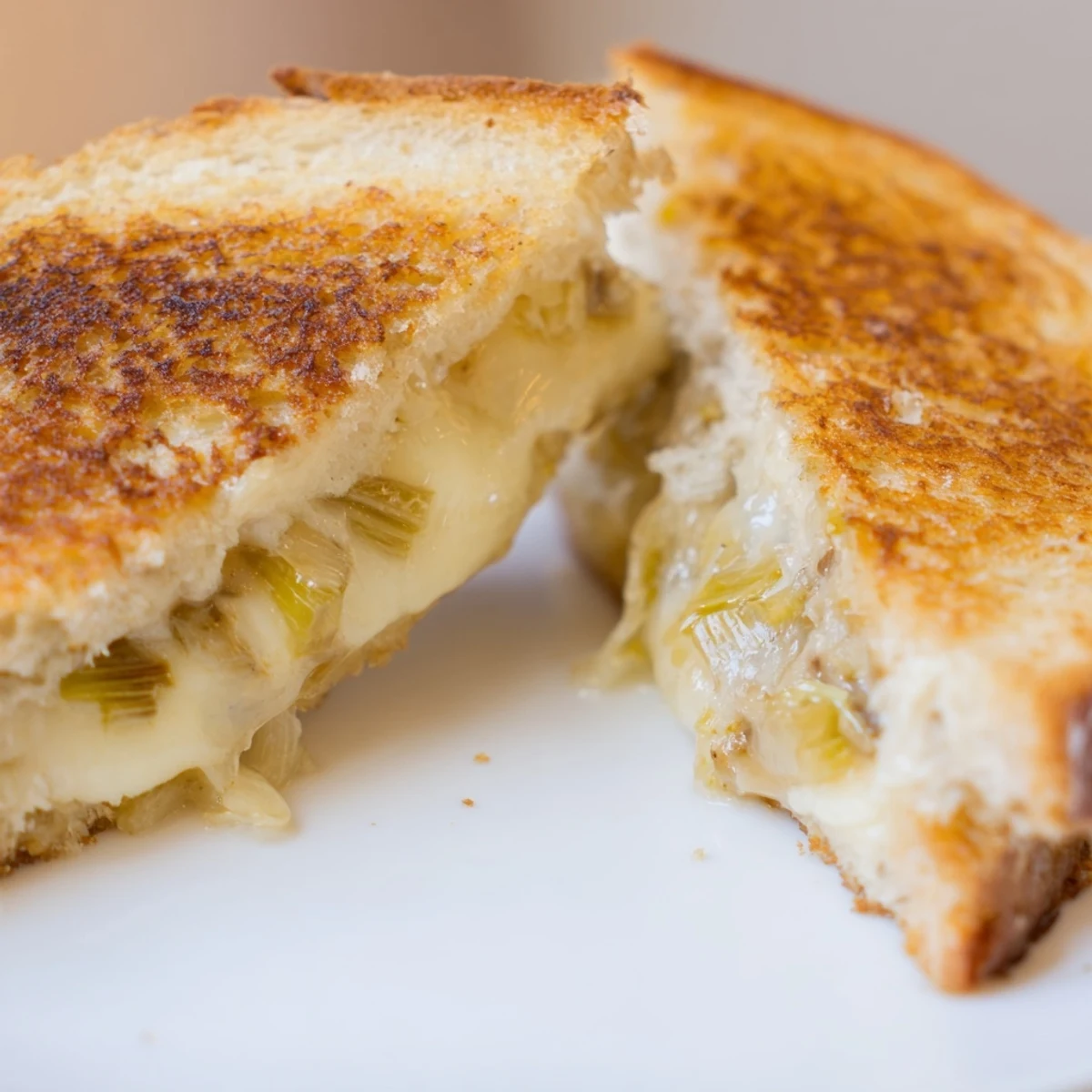 Melted Havarti and sweet caramelized leeks ooze between golden-brown sourdough slices of this decadent Havarti & Caramelized Leek Grilled Cheese.