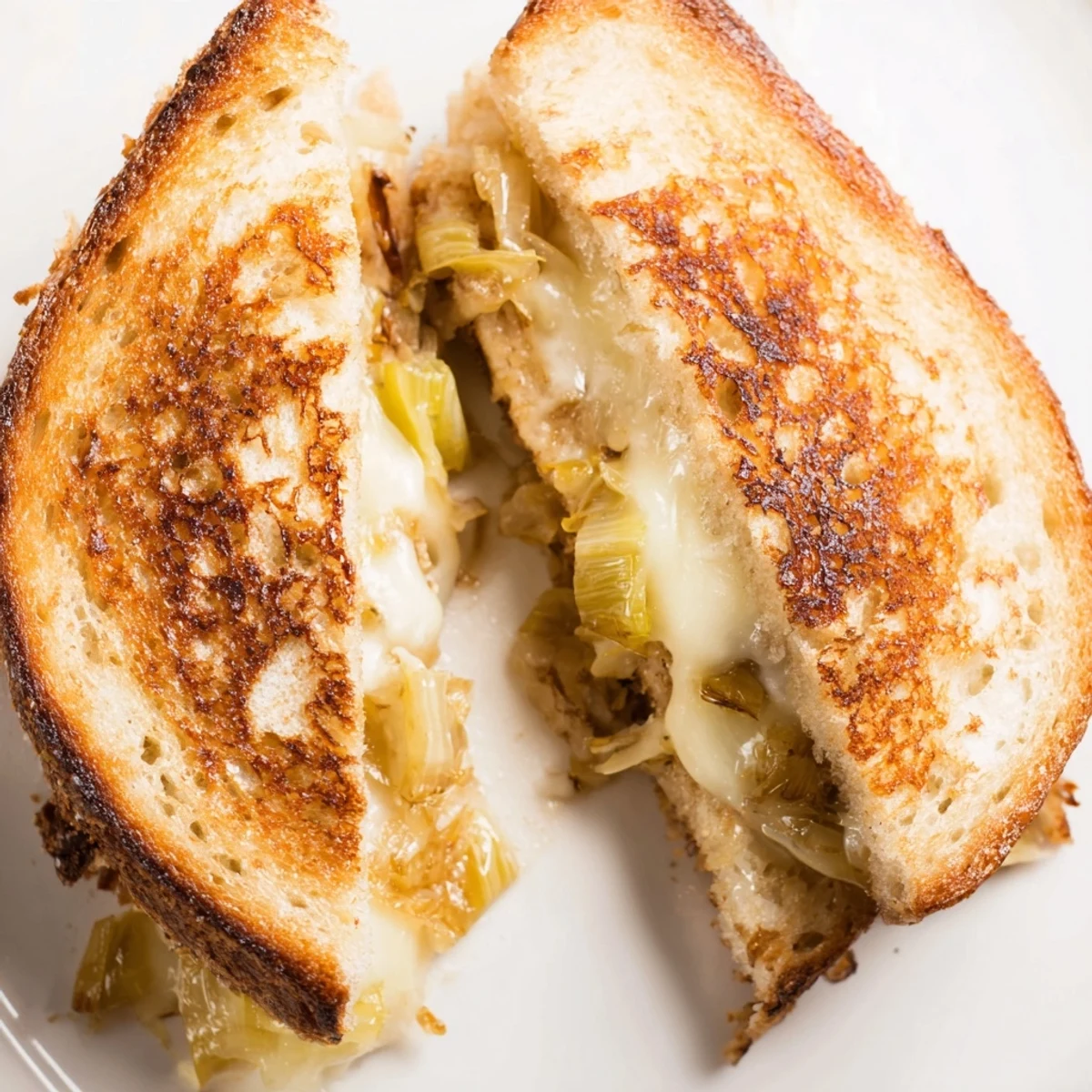 Golden, buttery bread frames the creamy Havarti and savory leeks in this comforting Havarti & Caramelized Leek Grilled Cheese.