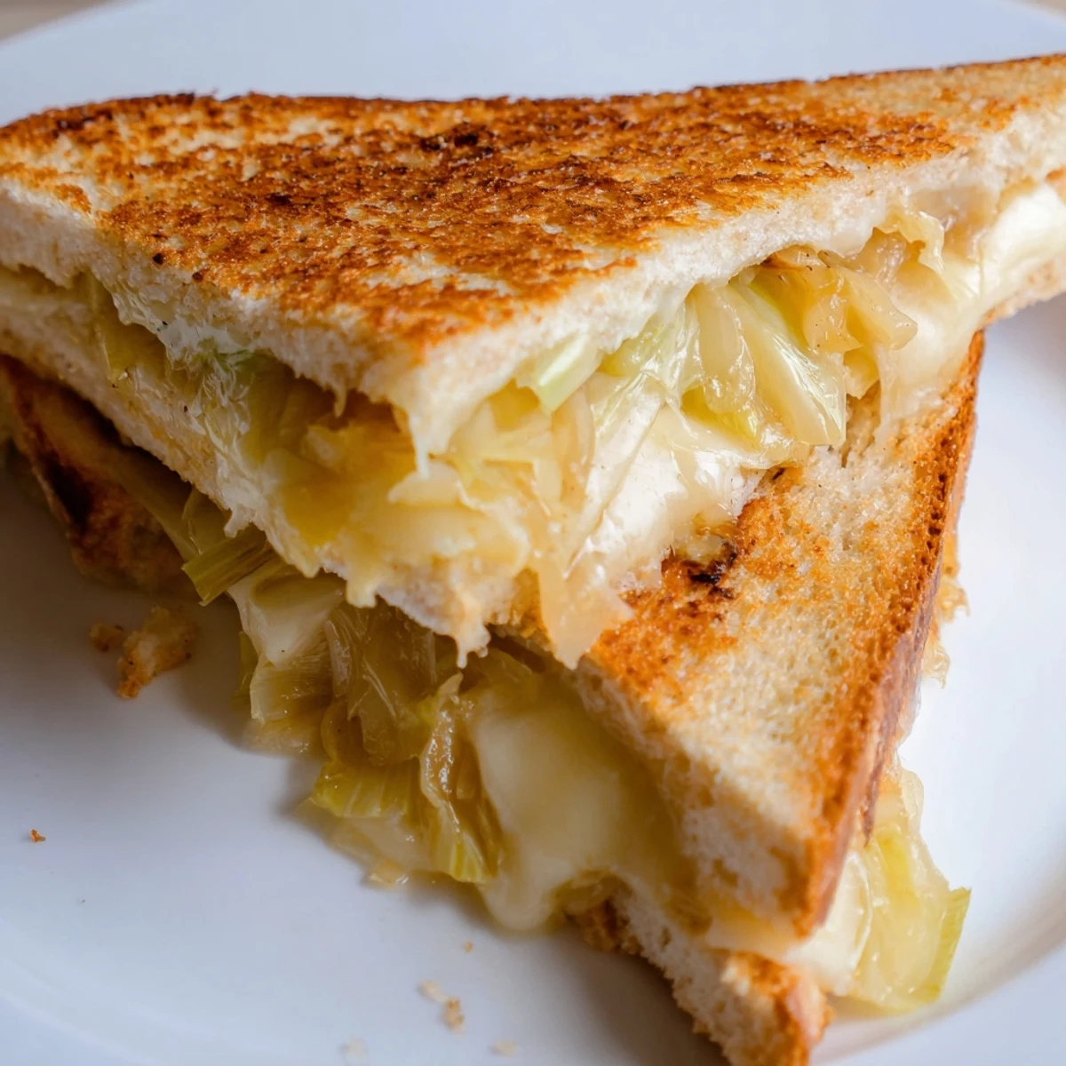 Crisp, golden bread encases the rich, melty Havarti and sweet leek filling of this vegetarian Havarti & Caramelized Leek Grilled Cheese.