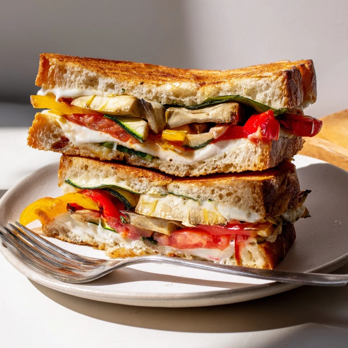 Golden, crispy sourdough sandwiches stacked with roasted zucchini and peppers, melted mozzarella, fresh tomatoes, and basil in a Roasted Veggie Caprese Grilled Cheese.