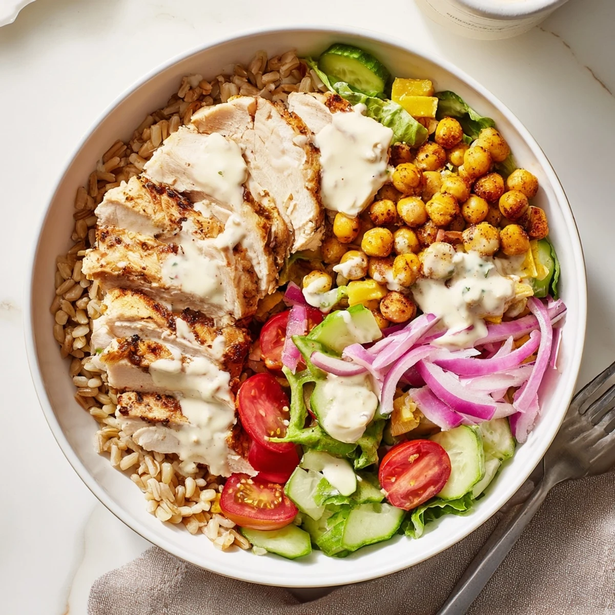 Vibrant Lemon Tahini Chicken Power Bowl with roasted chicken, chickpeas, and zesty sauce on a bed of greens.