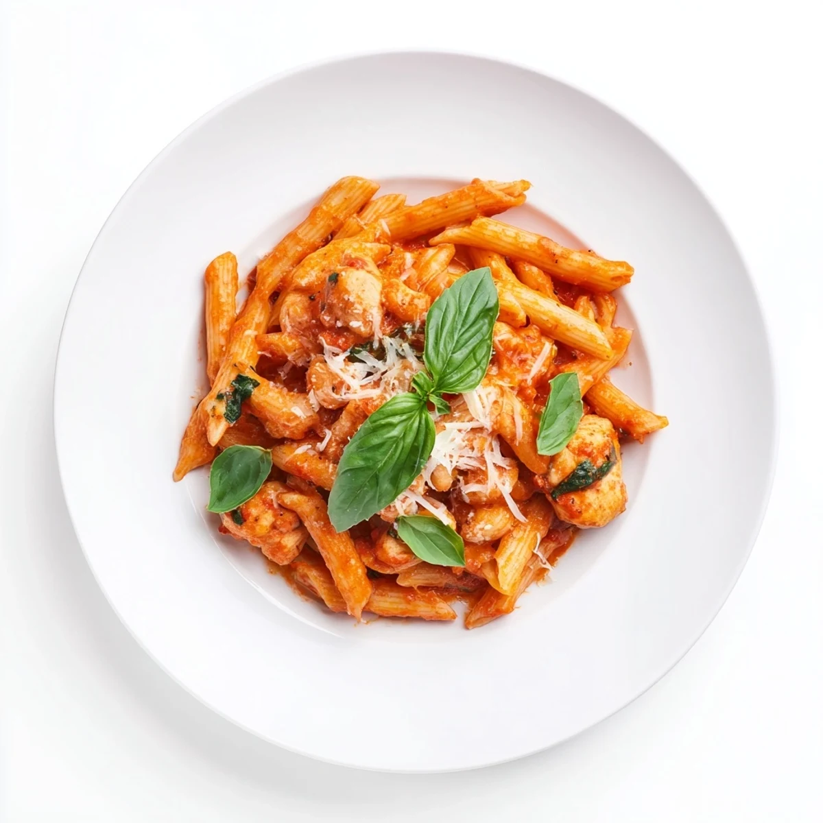 Bright, sautéed chicken pieces and al dente penne tossed in a chunky, garlicky tomato-basil sauce, garnished with fresh basil and Parmesan.