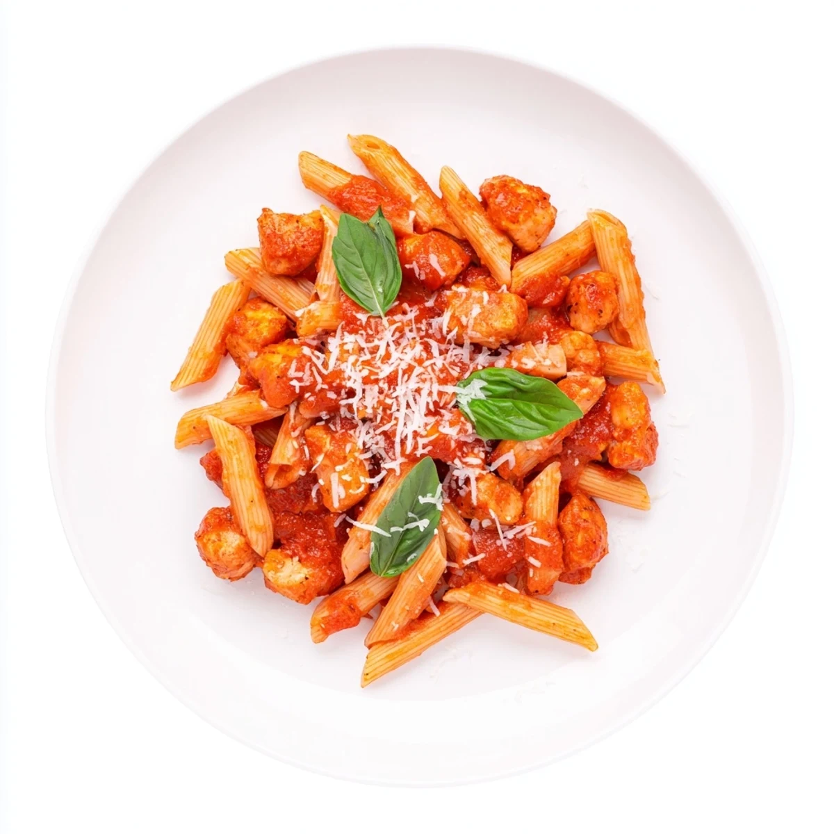 Hearty tomato basil chicken pasta served steaming in a shallow white bowl, with a drizzle of olive oil and melted cheese on top.