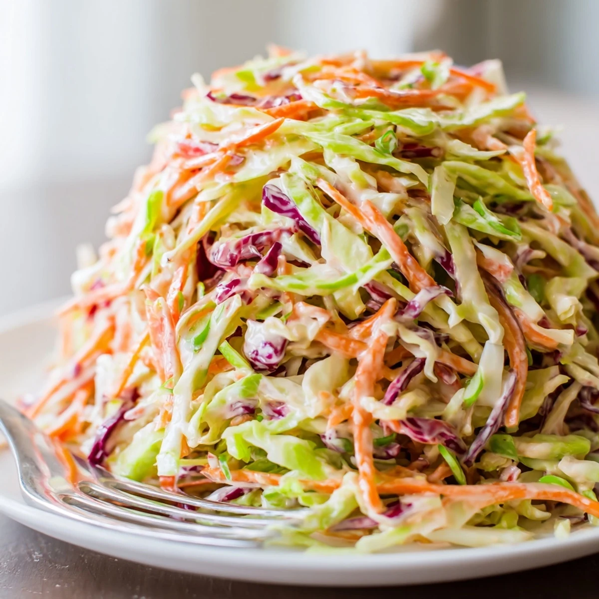 A close-up of the Best Cabbage Coleslaw, featuring vibrant green and purple cabbage shreds, grated carrots, and a creamy, tangy dressing clinging to every crisp bite.