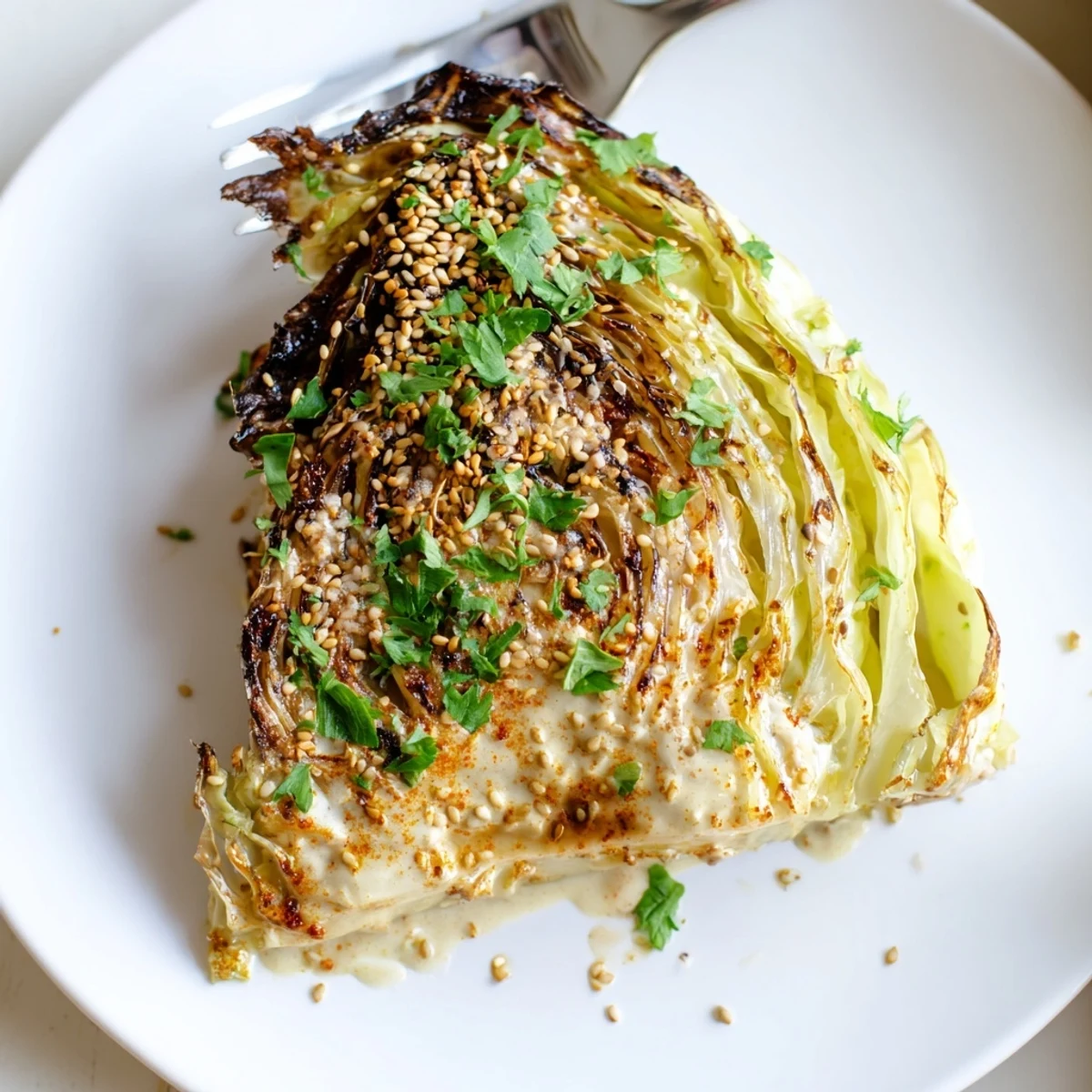 Golden roasted cabbage wedges arranged on a platter, drizzled with creamy tahini sauce and garnished with fresh parsley and sesame seeds.