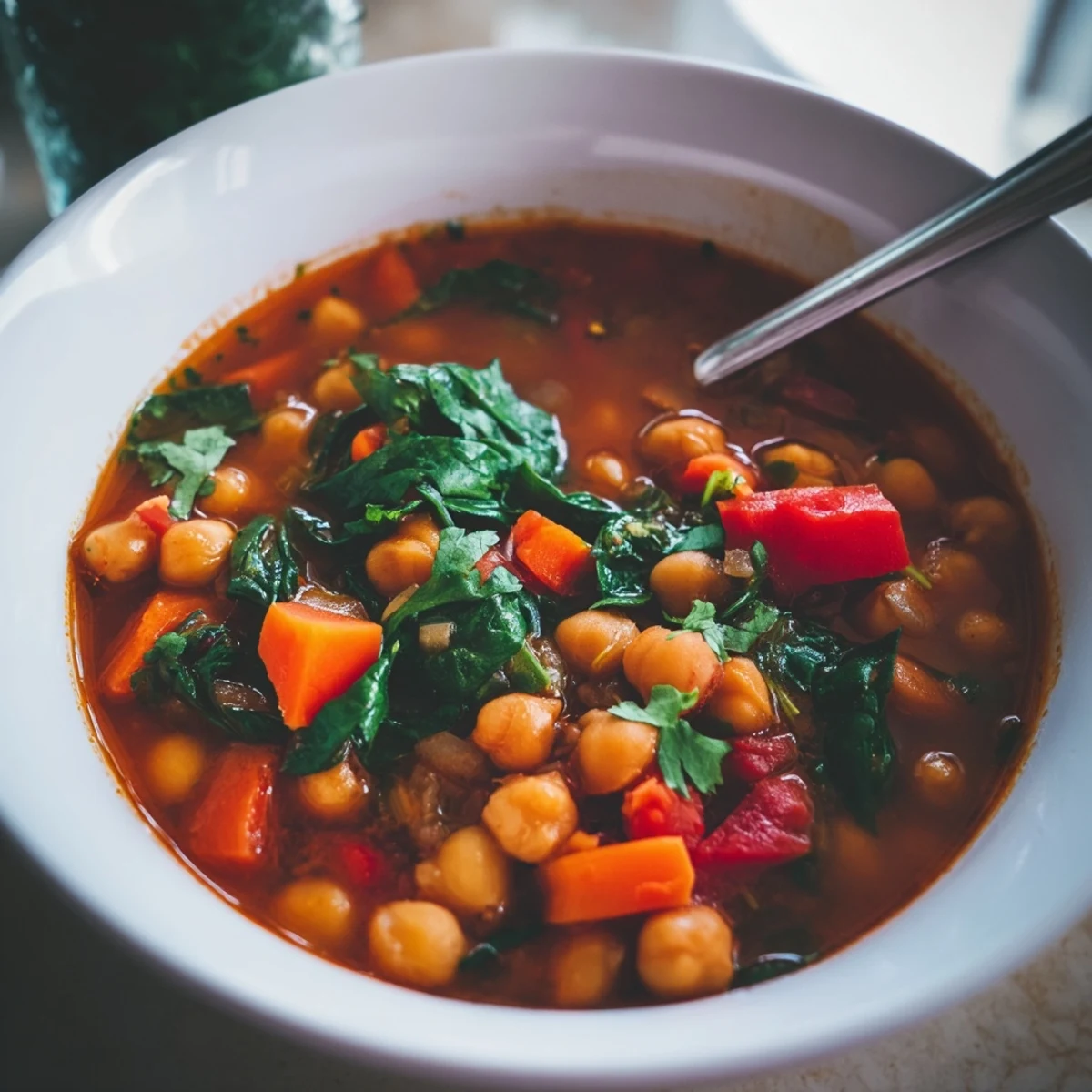 A hearty bowl of Spicy Chickpea Stew garnished with fresh cilantro and served over fluffy quinoa.