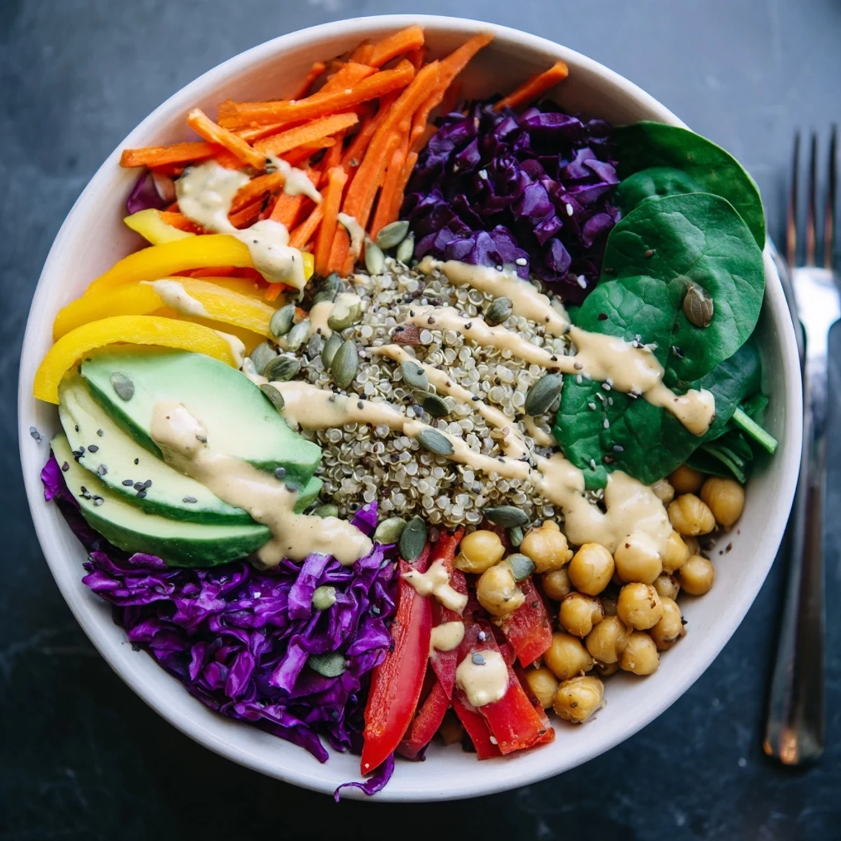 Freshly prepared Rainbow Buddha Bowl With Quinoa topped with avocado and colorful vegetables.