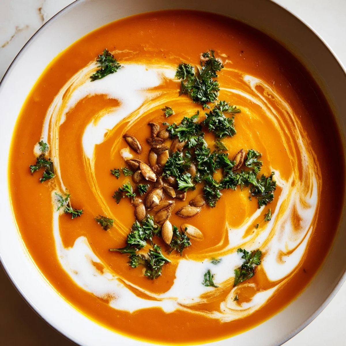 Golden-orange Butternut Squash Soup fills a rustic white bowl, garnished with toasted pumpkin seeds and a swirl of cream.