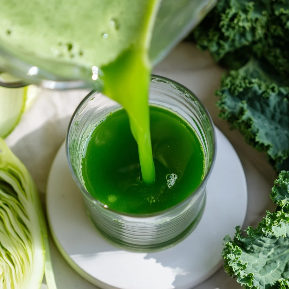 A tall glass of bright green Cabbage and Kale Detox Juice, garnished with lemon and ginger, iced and ready to drink.