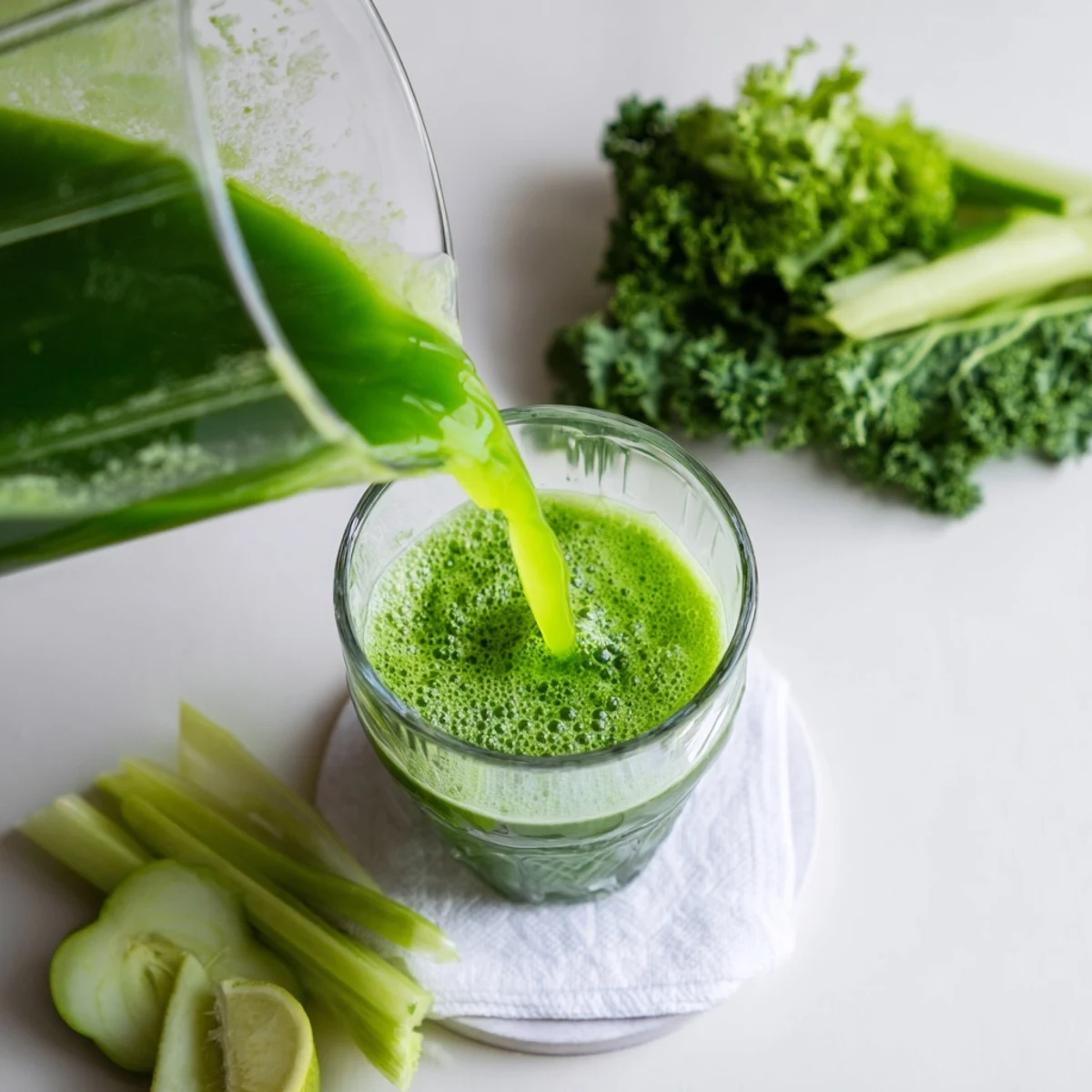 Two servings of Cabbage and Kale Detox Juice in clear glasses, showing the vibrant green color and a frothy top.