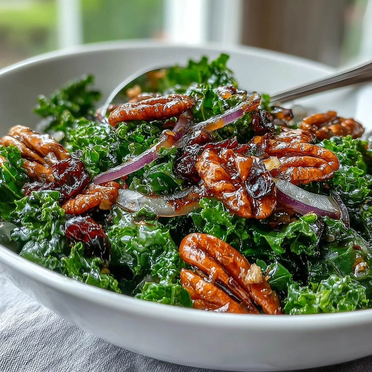 Delicious Warm Kale Salad With Maple Mustard Dressing, perfect for a light, flavorful, and comforting meal.