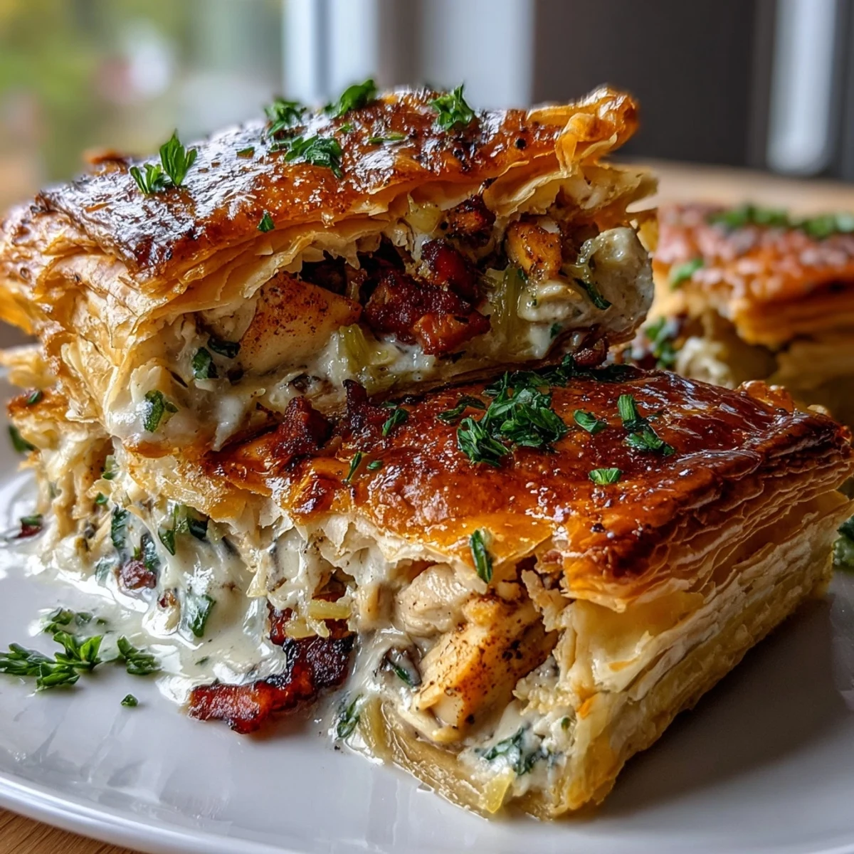 Savory Chicken and Leek Pie, a comforting dish with tender chicken and leeks.
