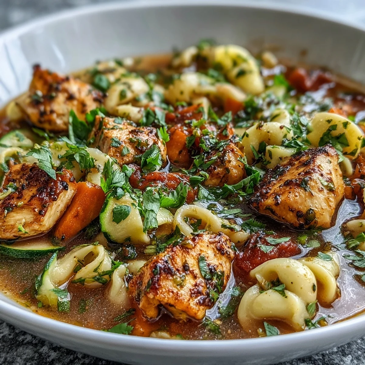 Hearty chicken pasta soup with vibrant vegetables, pictured steaming in a bowl.