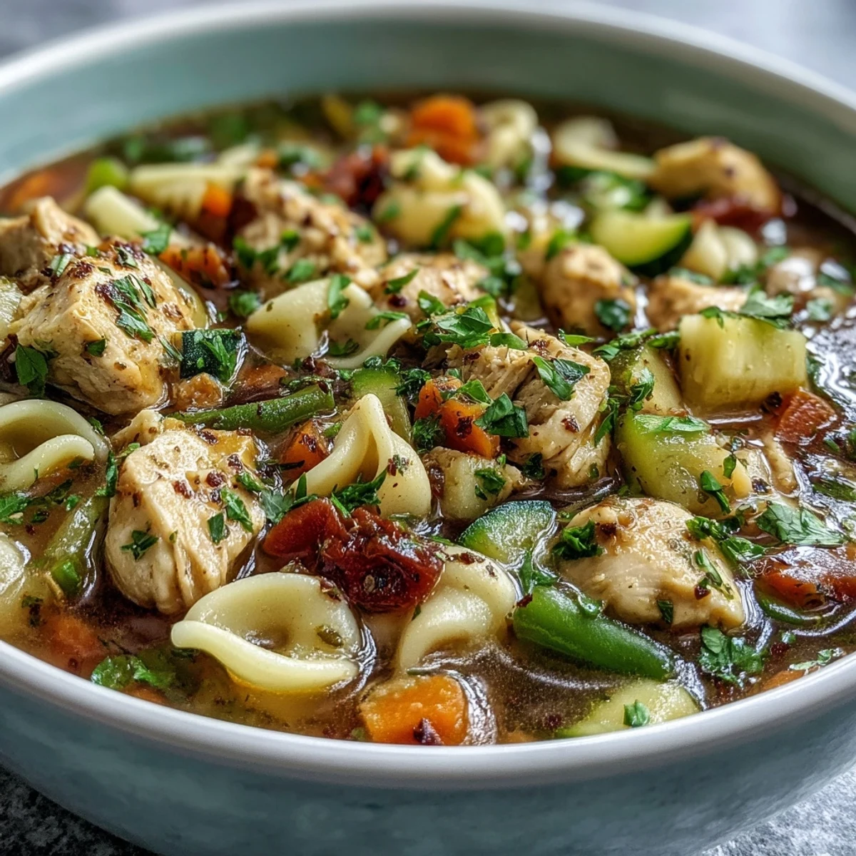 Comforting chicken vegetable pasta soup, a perfect cozy meal for any night.