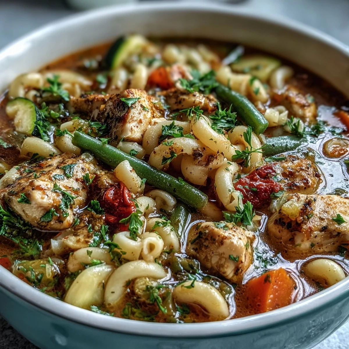 Delicious chicken and vegetable pasta soup, brimming with wholesome ingredients.