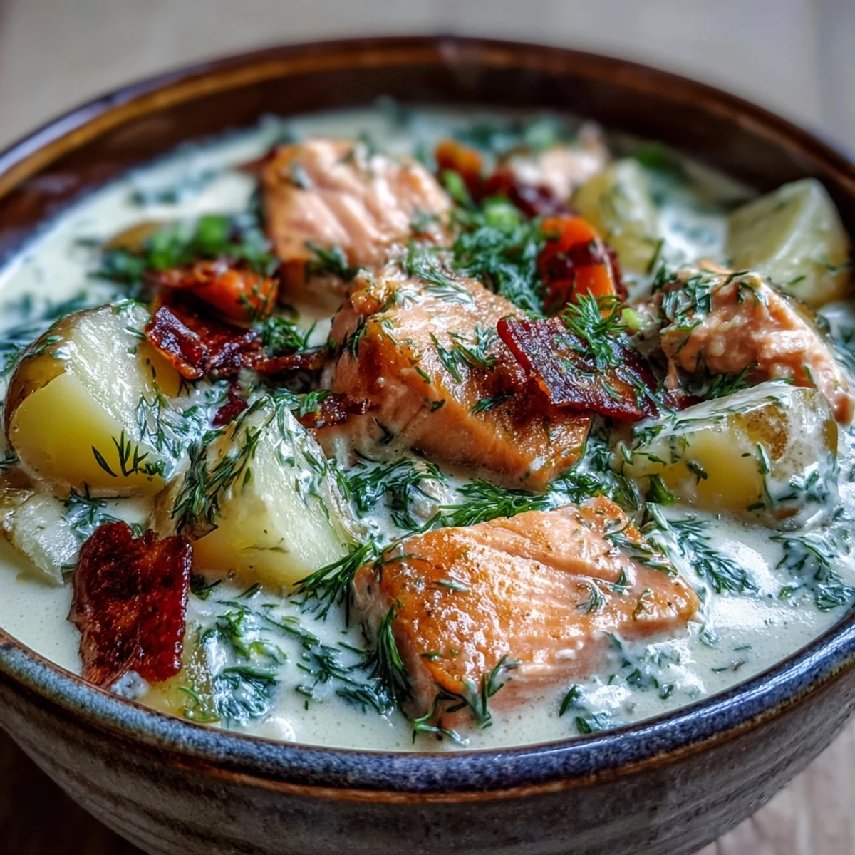 Creamy Finnish Salmon Soup with tender fish, dill, and potatoes, ready to serve.