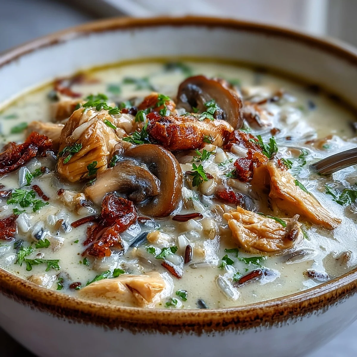 Creamy Parmesan mushroom chicken and wild rice soup, hearty and flavorful.