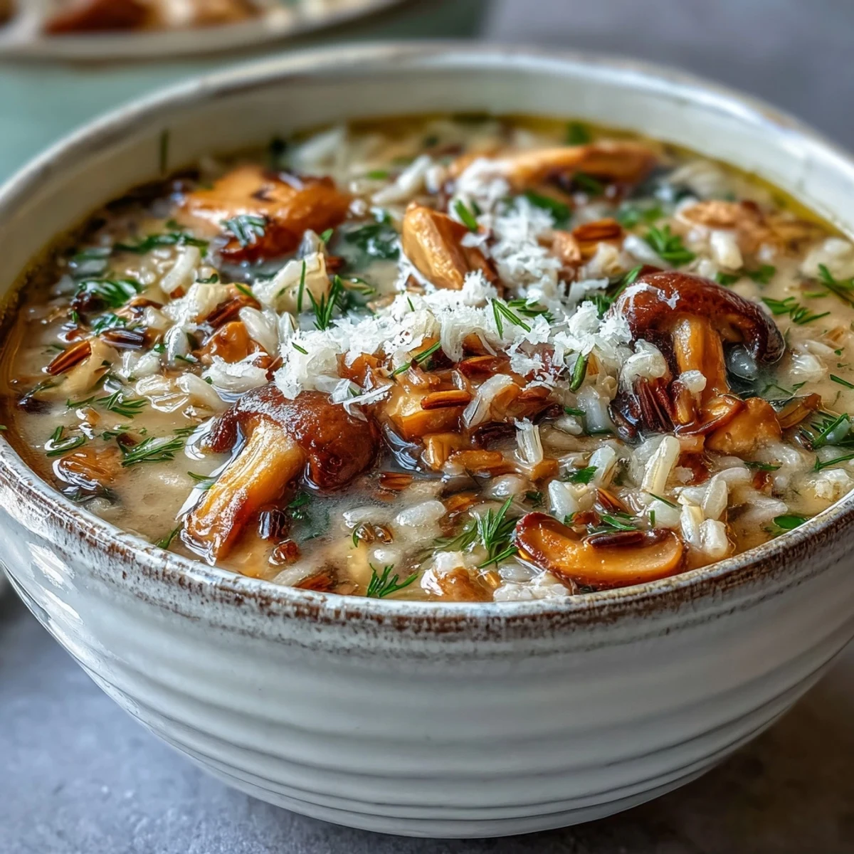 A thick Parmesan chicken mushroom wild rice soup, perfect for comfort.