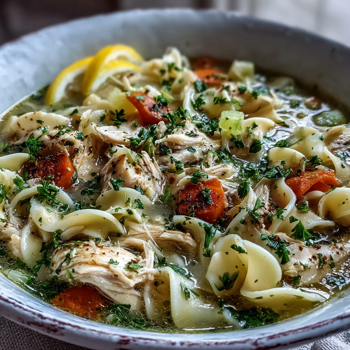 Comforting bowl of Chicken and Noodle Soup, steaming hot and ready to enjoy.