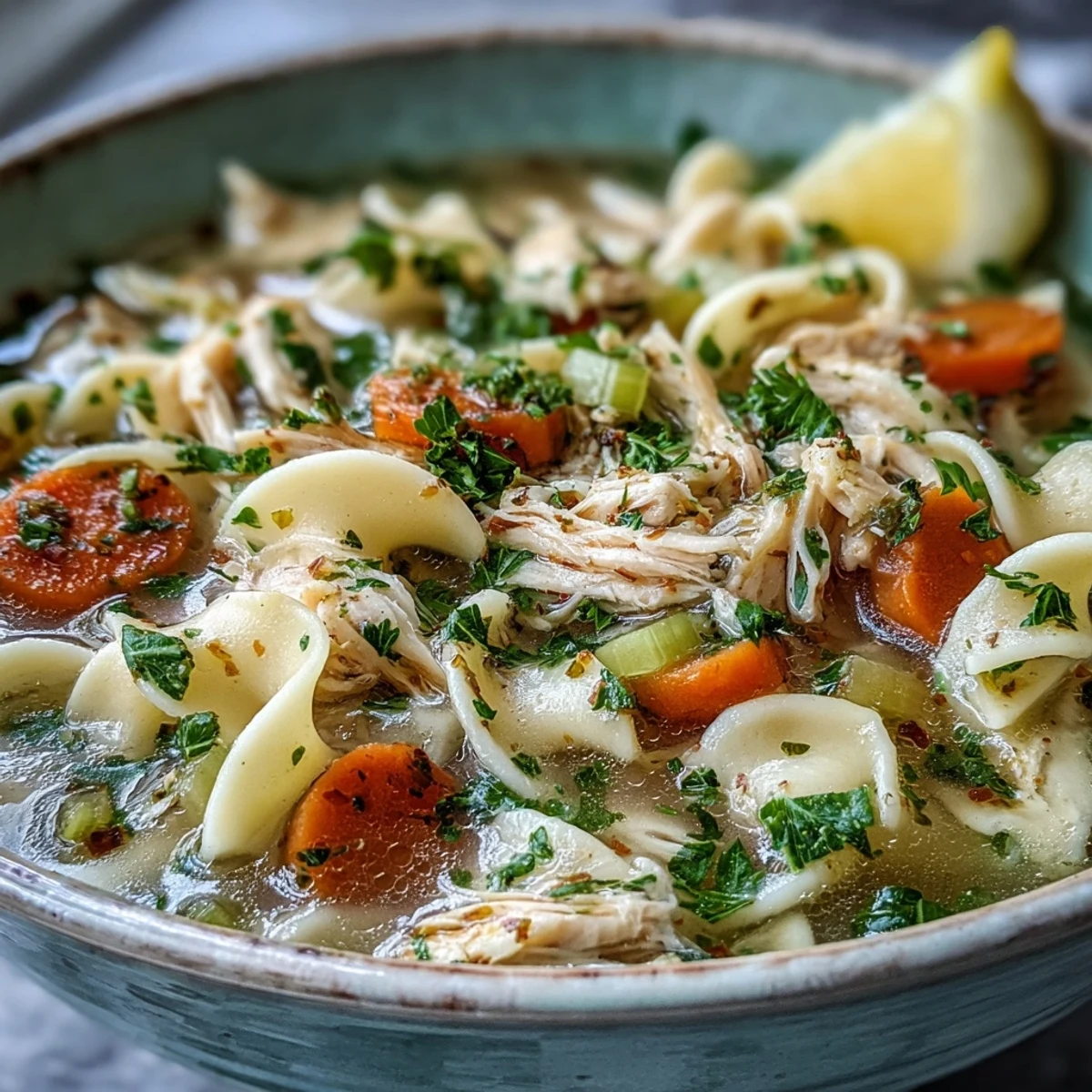 Hearty Chicken and Noodle Soup with tender chicken and vibrant vegetables.