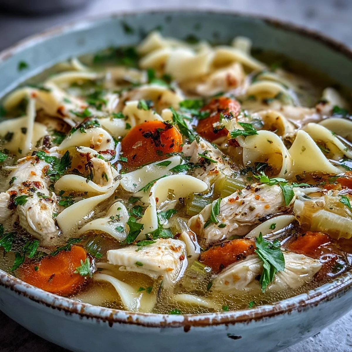 Hearty Chicken Noodle Soup, perfect for a cozy evening meal with fluffy noodles.