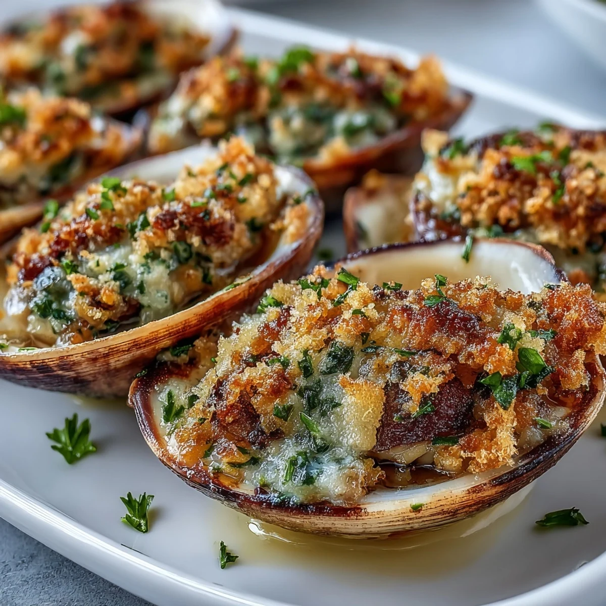 Sizzling Roasted Clams With Lemony Panko on rock salt, showcasing crispy breadcrumbs and tender clams.