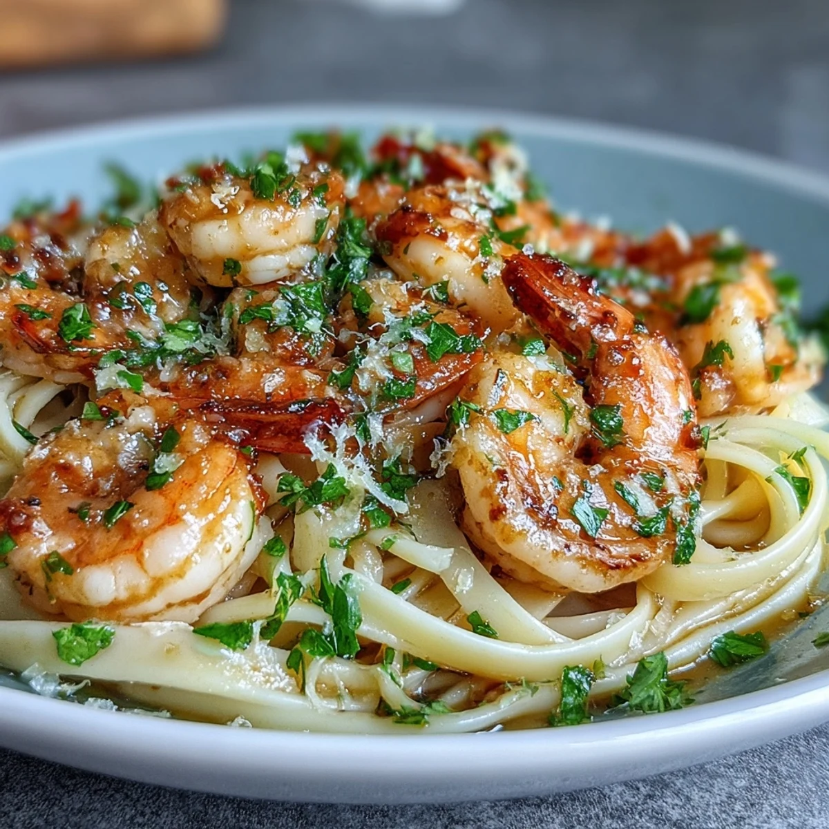 Golden linguine noodles tossed with pink, tender shrimp in a glossy garlic butter and white wine sauce, garnished with bright parsley and lemon wedges.