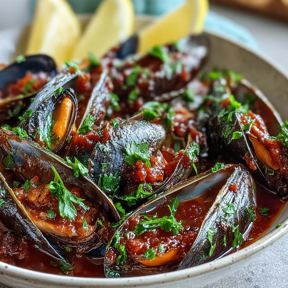 Steamed Smoky Mussels Pomodoro in a rich tomato and smoked paprika sauce, served with lemon wedges.