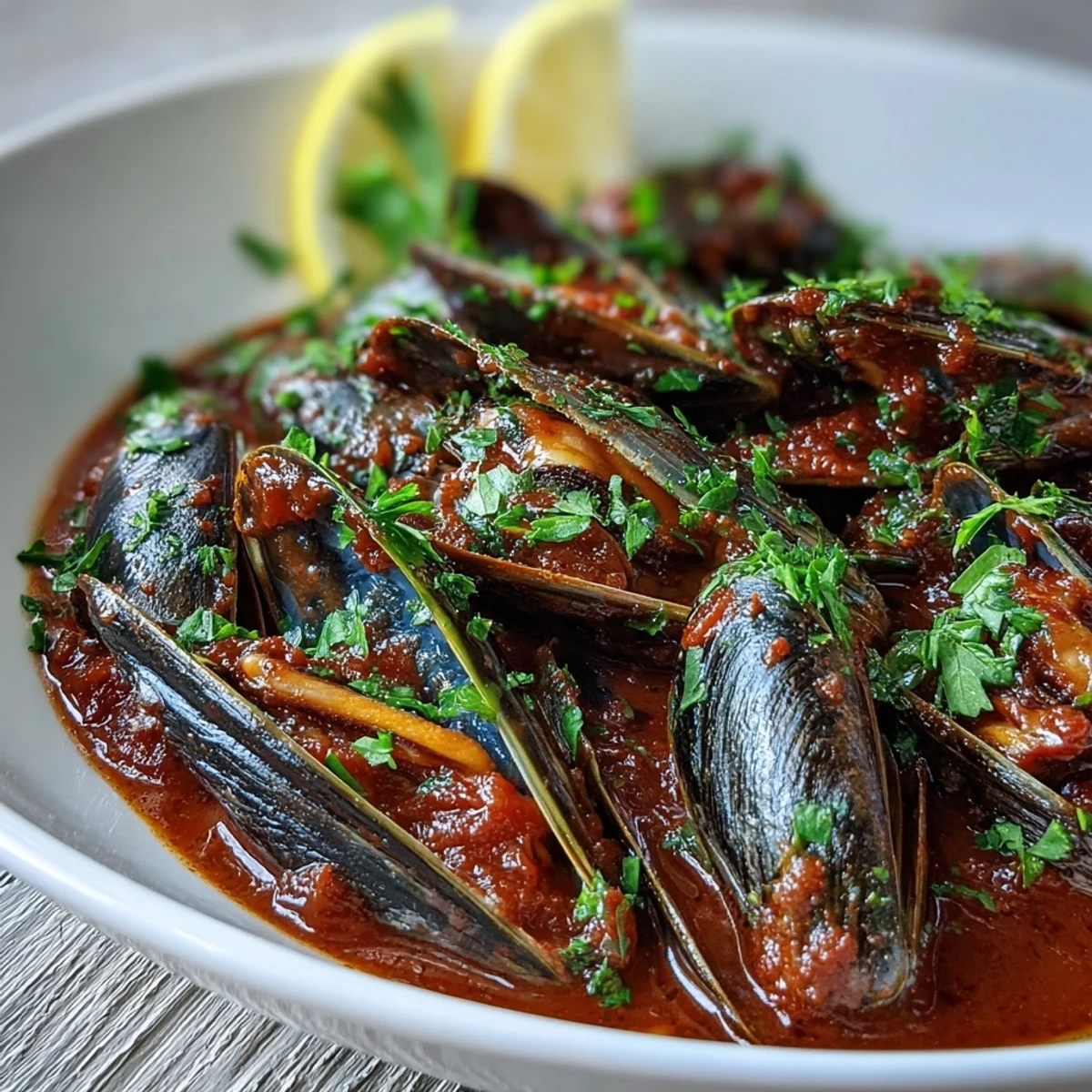 Sizzling Smoky Mussels Pomodoro simmering in a Dutch oven with garlic, onion, and white wine.