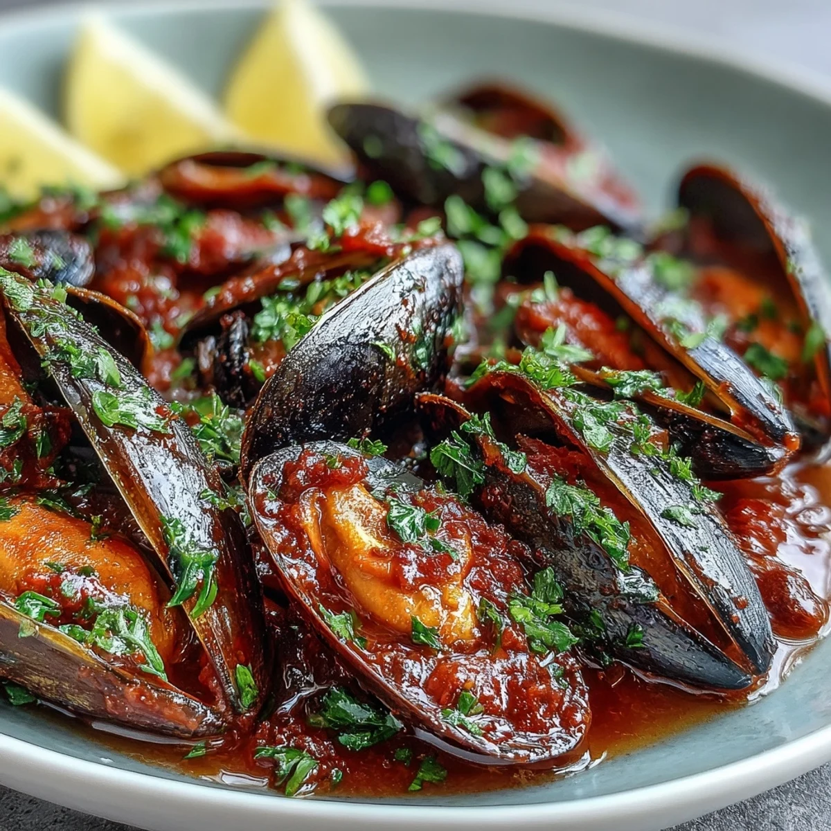 Fresh Smoky Mussels Pomodoro recipe with tender shellfish and parsley, ready to serve with crusty bread.