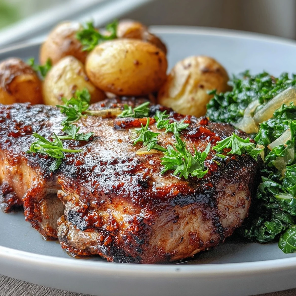 Golden roasted potatoes and sautéed greens accompany Aleppo Pork Chops on a rustic plate.