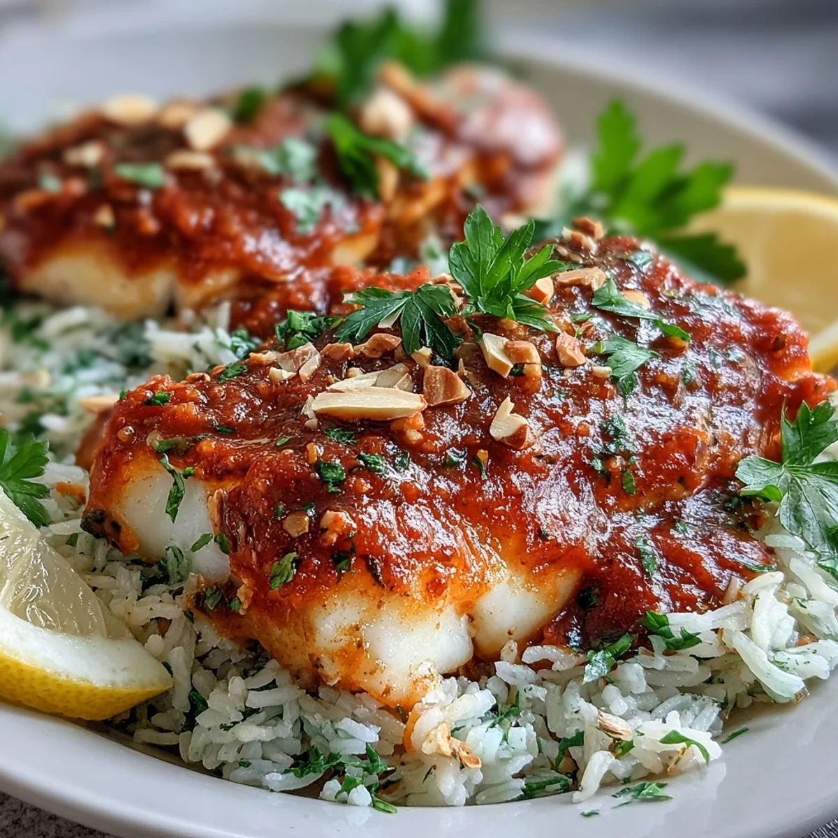 Freshly prepared Tomato-Roasted Cod With Spiced Almonds plated with lemon wedges and parsley garnish, perfect for an easy, healthy weeknight meal.