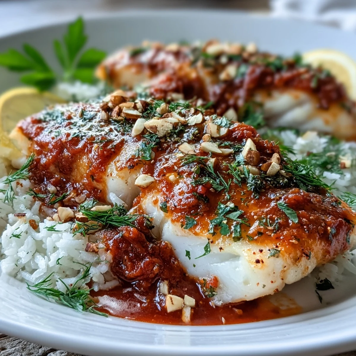 Golden-brown tomato-roasted cod fillets resting on a bed of fluffy ginger rice, topped with crunchy spiced almonds for a vibrant Mediterranean dinner.