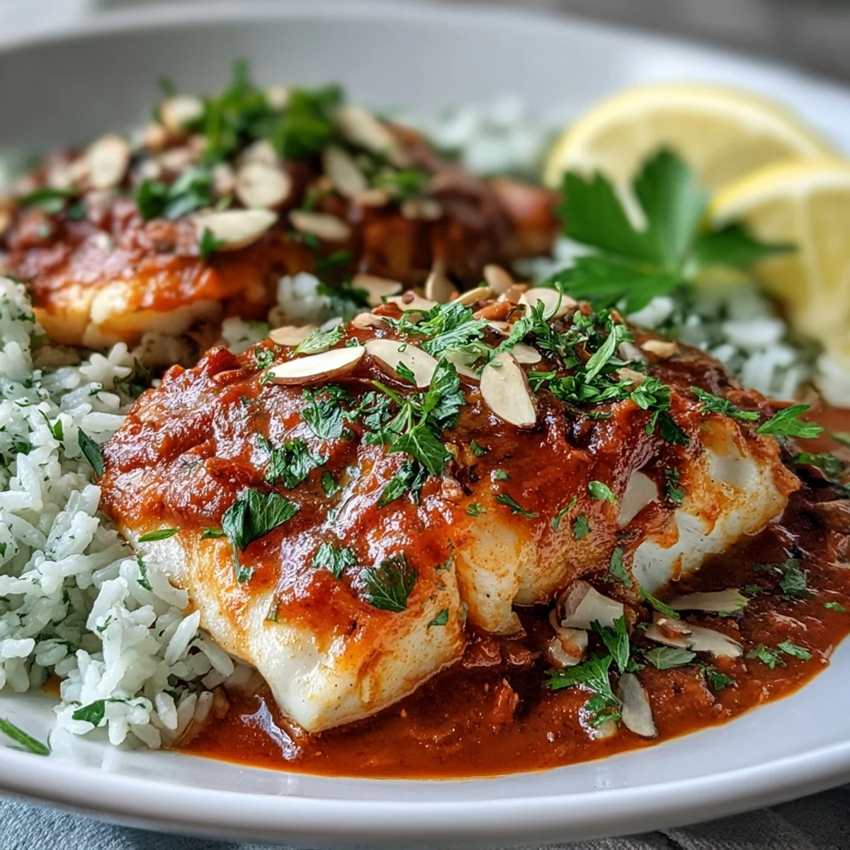 Sizzling cod fillets roasted in a zesty tomato sauce with toasted almonds, served alongside aromatic ginger rice for a flavorful, gluten-free main dish.