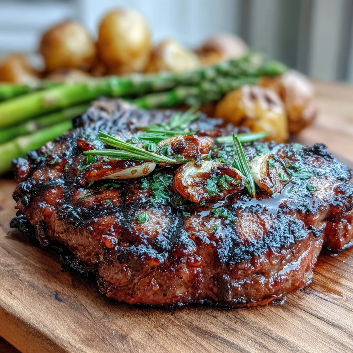 Sizzling bone-in rib eye steak resting before serving with buttery parsley potatoes and charred asparagus.