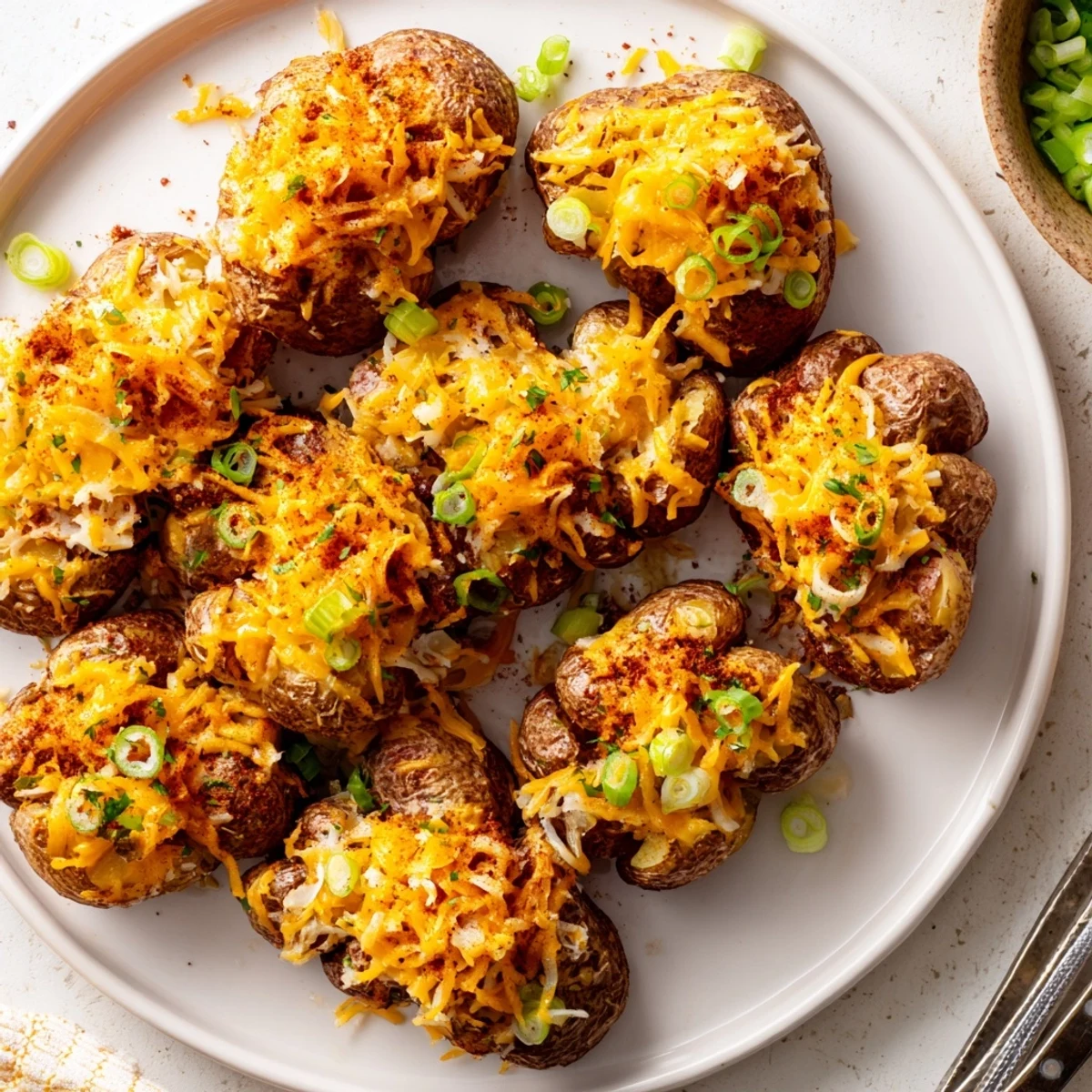 Crispy Smashed Green Onion Potato Bombs topped with melted cheese and fresh herbs.  