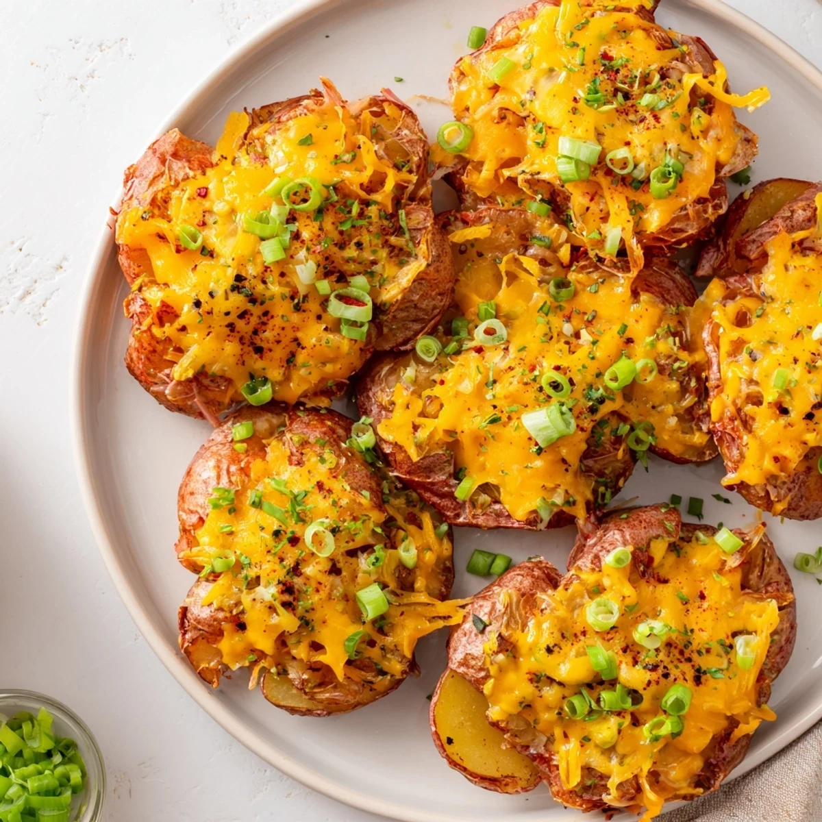 Savory Smashed Green Onion Potato Bombs drizzled with olive oil and spices, irresistible!