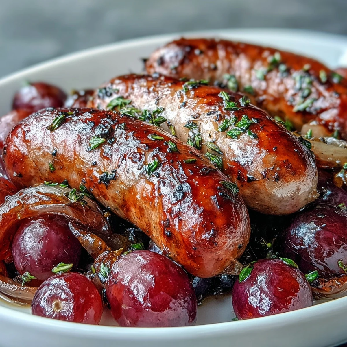 Golden-brown Italian sausages roasted with caramelized red grapes and onions, seasoned with fresh rosemary for a savory-sweet main dish.