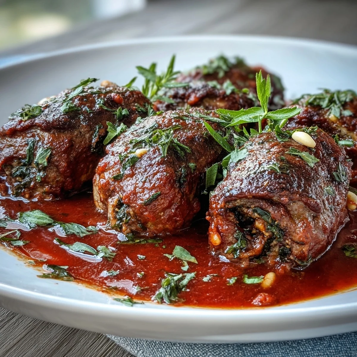 Sliced Sicilian-Style Braciole revealing a filling of raisins, pine nuts, and fresh herbs on a plate.