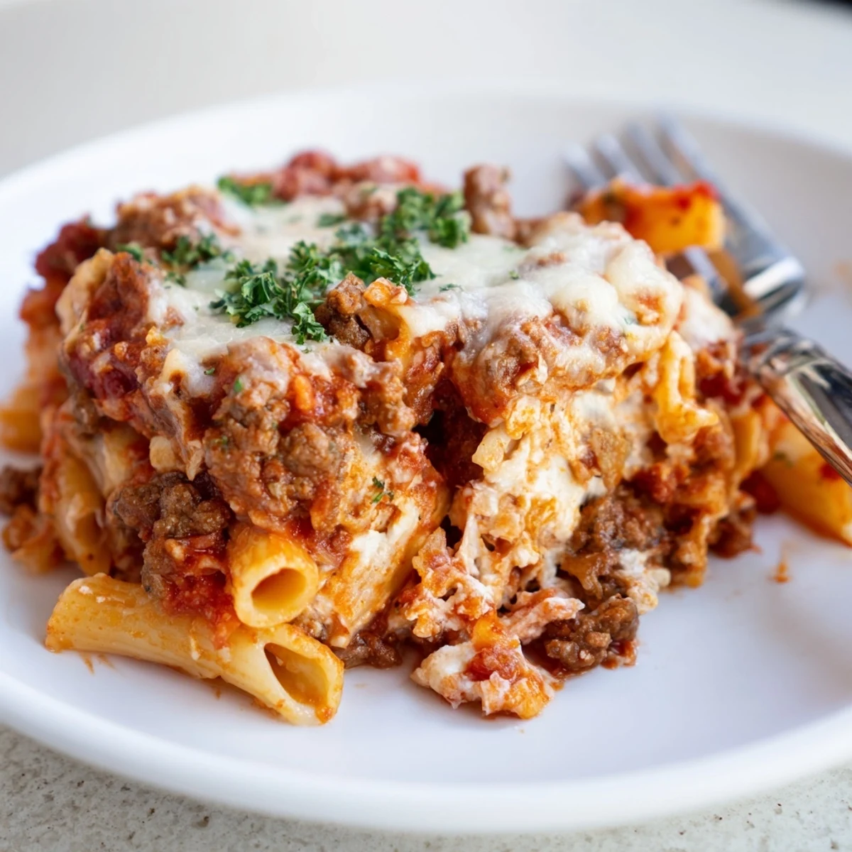 Baked Ziti with Meat Sauce topped with gooey mozzarella and fresh parsley, ideal comfort food.  