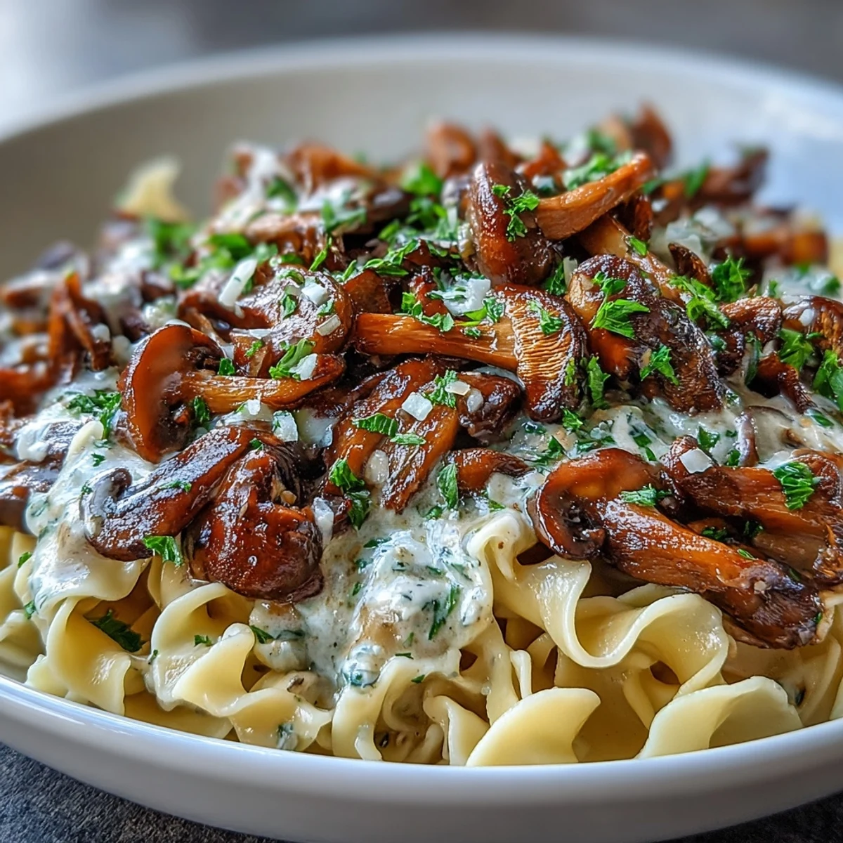 Creamy Mushroom Stroganoff served in a bowl with wide noodles and chopped parsley garnish
