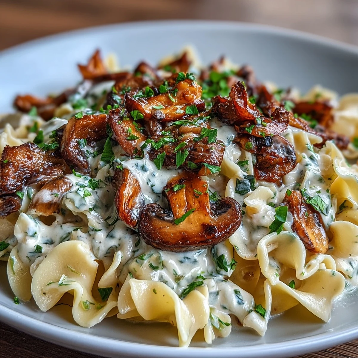 Close-up of Creamy Mushroom Stroganoff twirled on a fork, ready to enjoy for dinner