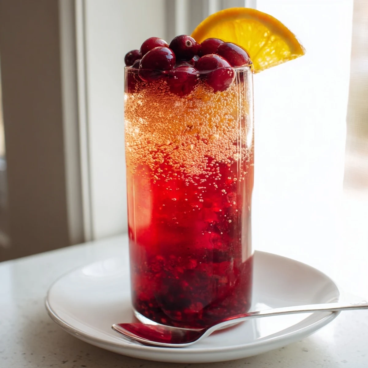 Bright red 3-Ingredient Holiday Punch, garnished with cranberries, ready for a festive celebration.