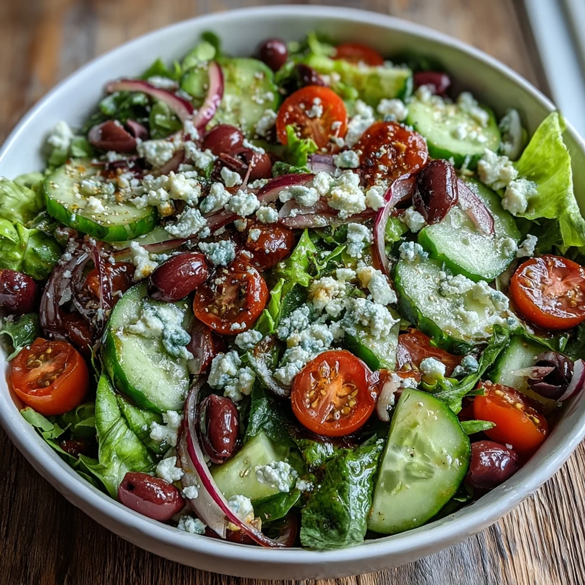 A vibrant Mediterranean Green Salad Bowl with crisp greens, cucumbers, tomatoes, and feta, ready to serve.