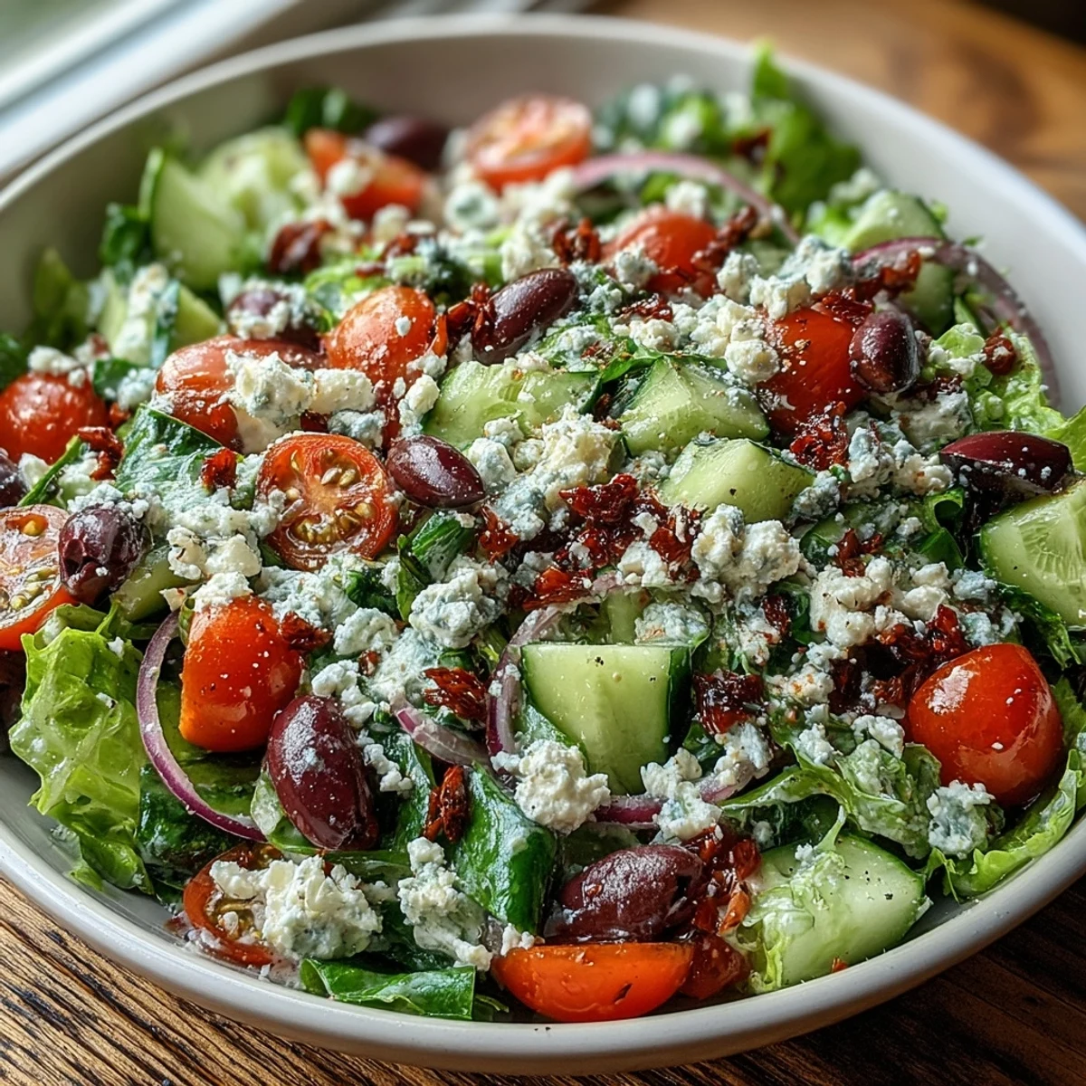 Colorful Mediterranean Green Salad Bowl topped with Kalamata olives and red onion, dressed in tangy Greek dressing.