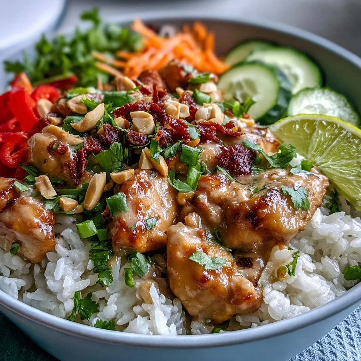 Serving suggestion for Thai Peanut Chicken Bowl: fluffy coconut rice loaded with chicken, bell peppers, carrots, and lime wedges.