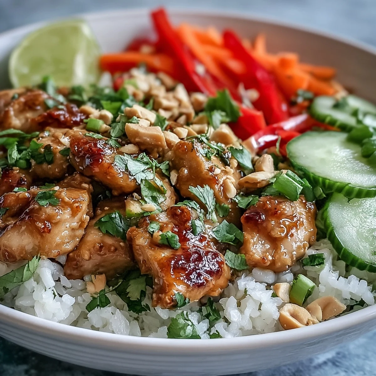 A vibrant Thai Peanut Chicken Bowl garnished with cilantro and peanuts, drizzled with creamy peanut sauce over rice.