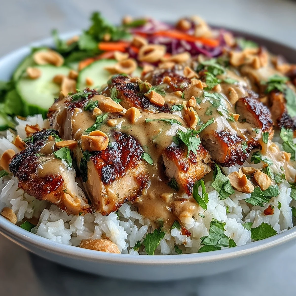 Sliced grilled chicken and fresh veggies piled high on fluffy coconut rice, ready for a creamy peanut sauce drizzle.