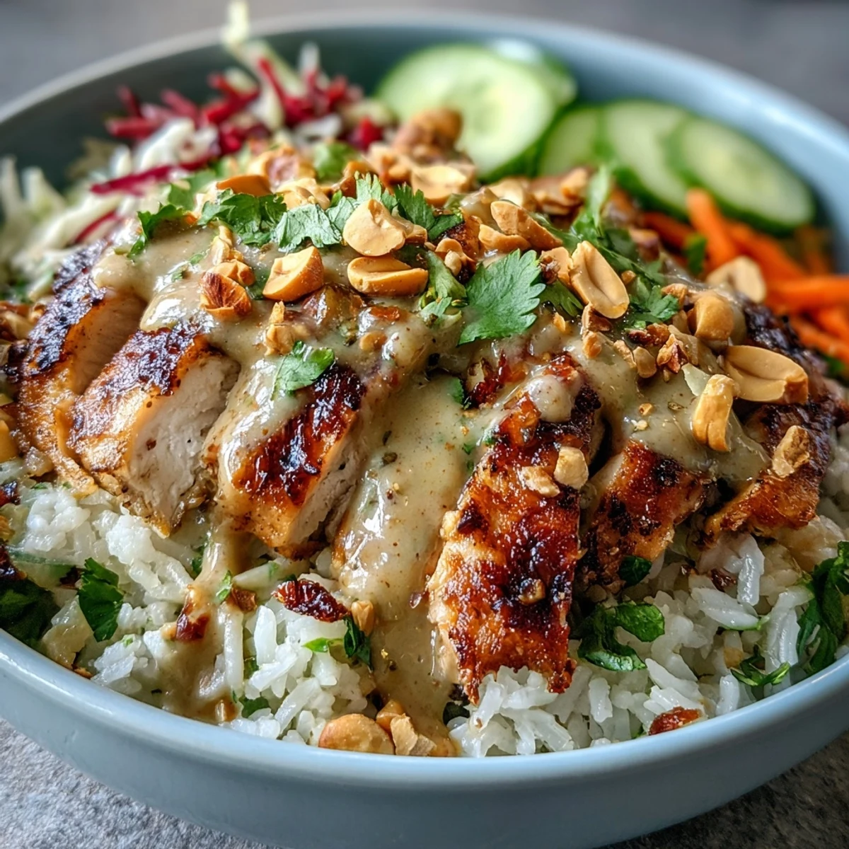 A close look at a nourishing Coconut Rice Peanut Bowl with edamame, cilantro, chopped peanuts, and a lime wedge.