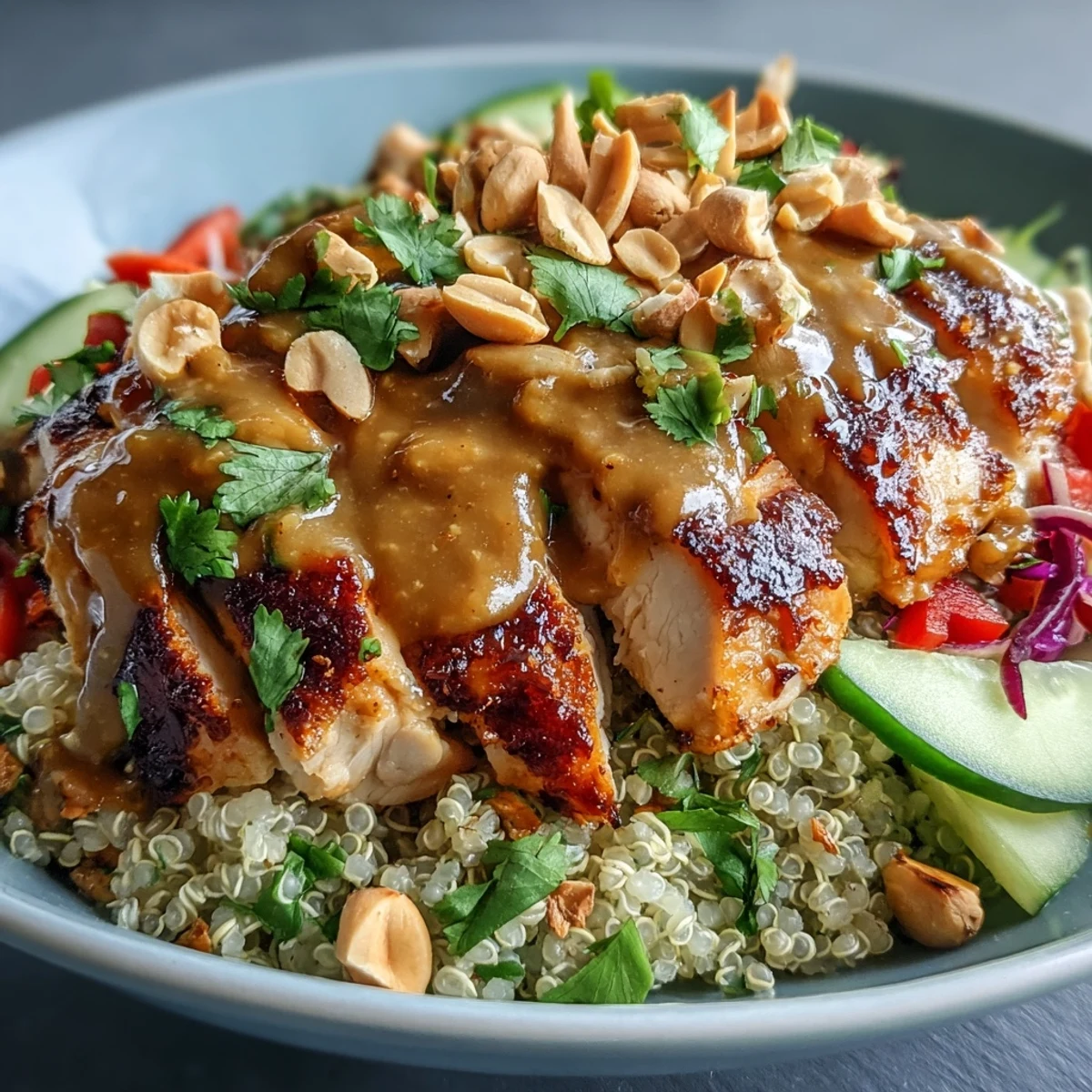 Golden-brown baked chicken slices rest over fluffy quinoa, with vibrant carrots, bell peppers, and crisp purple cabbage, all drenched in a creamy peanut sauce.